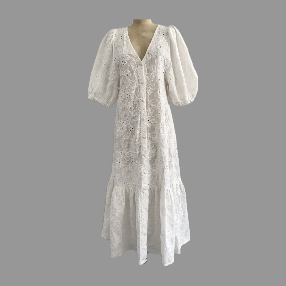 Zara White Cotton Embroidered V Neck Cotton Summer Midi Dress Size XS